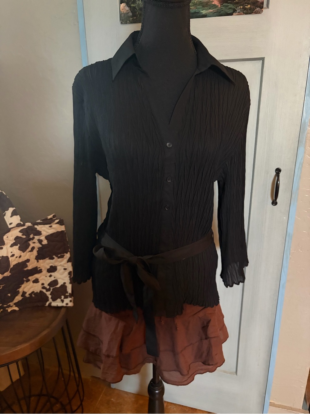 NICOLA Black Crinkle Button-Front Dress with Brown Tiered Hem